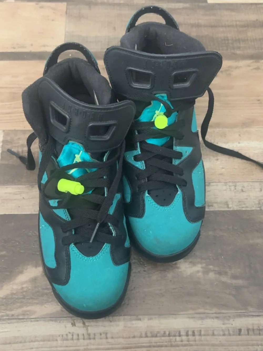 Jordan Men's Black and Teal Basketball Sneakers with Neon Yellow Accents